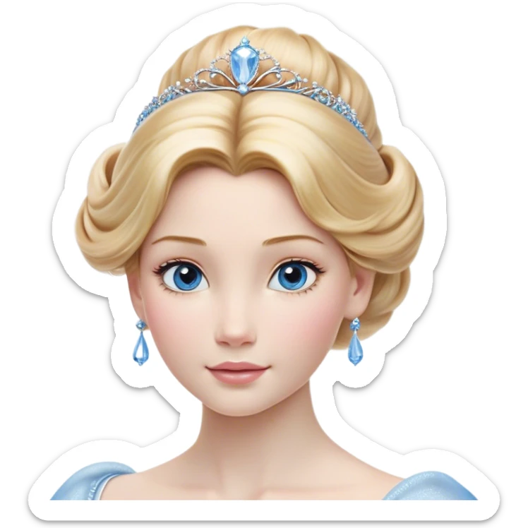 Cinematic Realistic Cinderella Portrait, depicted with lifelike skin texture, subtle rosy undertones, and soft natural lighting that enhances the gentle contours of her face. Her intricately detailed golden blonde hair is elegantly styled in an updo, with delicate wisps framing her face for added realism. Her deep, expressive blue eyes radiate warmth and sincerity, reflecting a quiet resilience and grace. She is dressed in her iconic ball gown, the fabric shimmering with intricate embroidery and fine translucent layers that catch the light beautifully. The soft sheen of satin gloves and the delicate sparkle of a glass-like slipper peeking from beneath her dress add a touch of magical realism. The portrait features an enchanting glow with a natural, luminous finish, seamlessly blending realism and fairytale charm to evoke a sense of depth, elegance, and timeless beauty. sticker