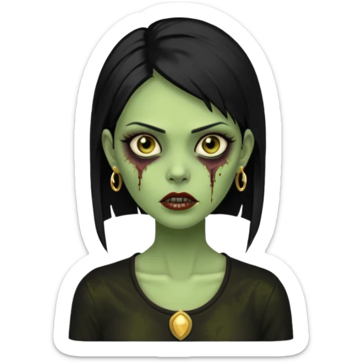 Faça uma zombie mulher bonita verde com olhos castanhos cabelos pretos liso com estilo y2k e ouro sticker