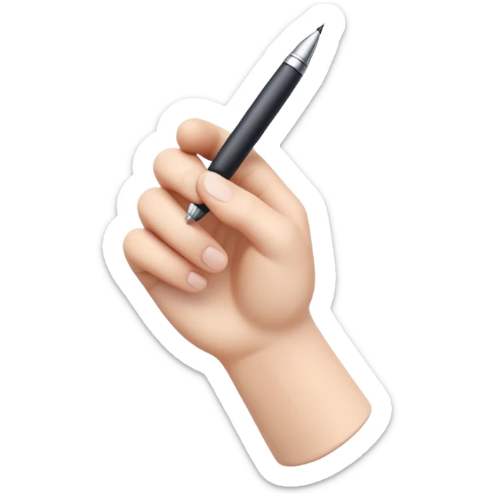 A 3D icon of a human hand holding a pen, minimalist and modern style, soft lighting, smooth edges, floating on a white background, realistic proportions, clean and professional design sticker