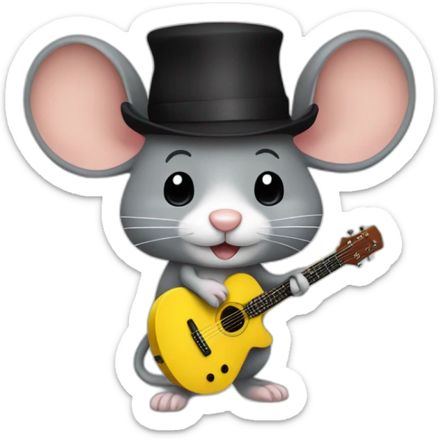 adult grey jerry mouse with white moustache, big black hat, and yellow guitar sticker