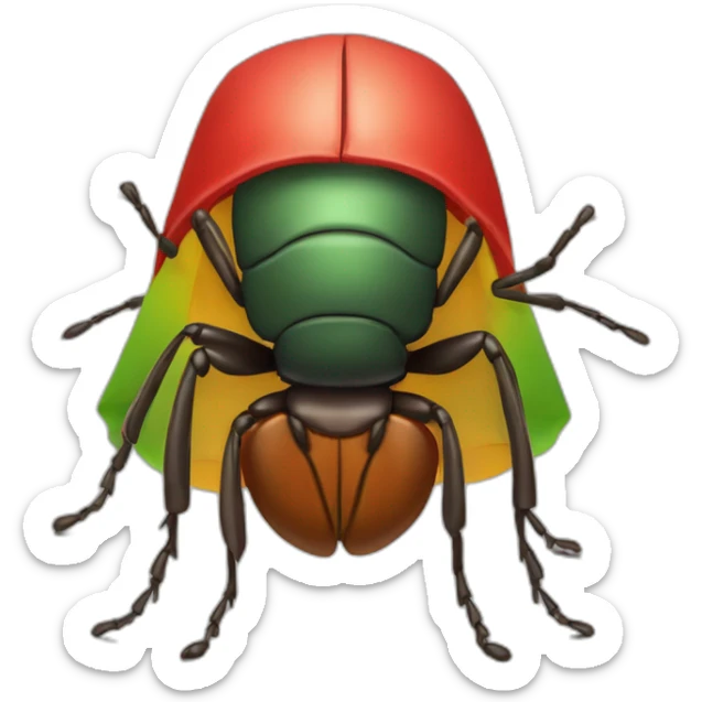 full view of a light brown bedbug with a red headband, shoulder-length black hair down to the ears. It is dressed in a red poncho (with red, yellow and green vertical lines) sticker