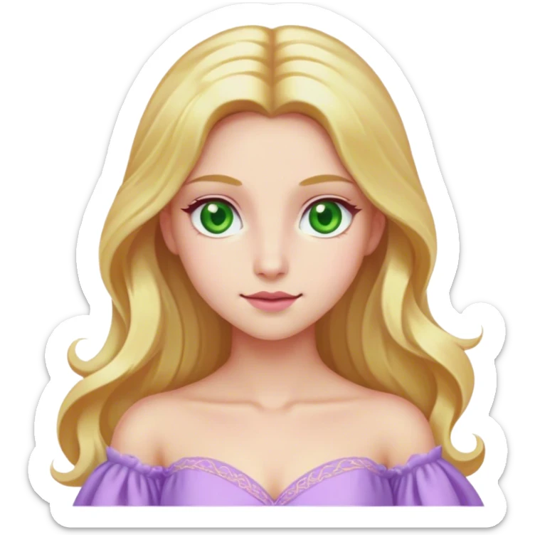 Cinematic Realistic Rapunzel Portrait, with porcelain-like skin featuring a subtle, natural glow, illuminated by soft lighting that brings out the gentle contours of her face. Her long, golden blonde hair cascades in detailed waves, each strand highlighted with a radiant shimmer as it catches the light. She playfully holds a flower in one hand, her other hand resting casually in her lap, with a warm and spirited expression. Her bright, expressive green eyes exude curiosity and warmth, framed by delicate lashes and soft, arched brows. She is dressed in her classic lavender and pink gown, the fabric textured with delicate folds that flow naturally, catching the light with a soft, radiant glow. The portrait captures a luminous, enchanting aura, seamlessly blending realism with a whimsical, fairytale charm, evoking a timeless sense of beauty and magic. sticker