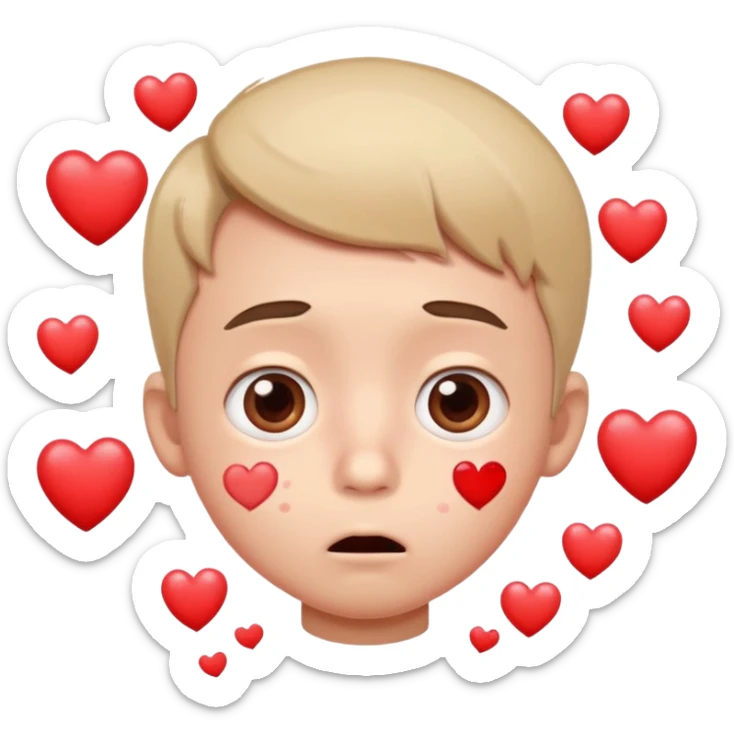 surprised cartoon boy with wide eyes, nosebleed, blushing, hearts floating around sticker