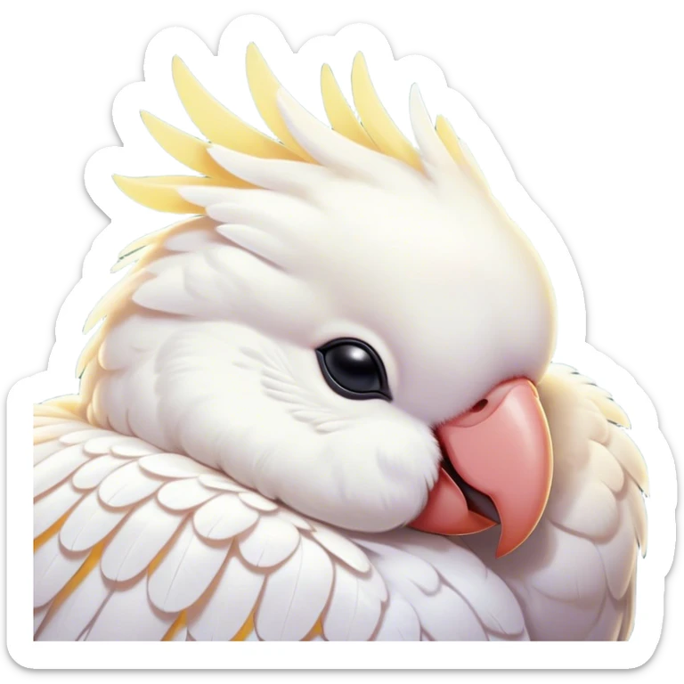 Meme-Worthy Cute Sleeping Cockatoo Portrait Emoji, Head resting peacefully with a contented smile, showcasing a softly feathered body with a gently drooping crest and eyes closed in serene slumber, Simplified yet adorably endearing features, highly detailed, glowing with a soft, drowsy tropical light, high shine, relaxed and utterly lovable, stylized with an air of playful laziness, soft glowing outline, capturing the essence of a sleeping cockatoo that feels destined to become the next viral icon of adorable rest! sticker