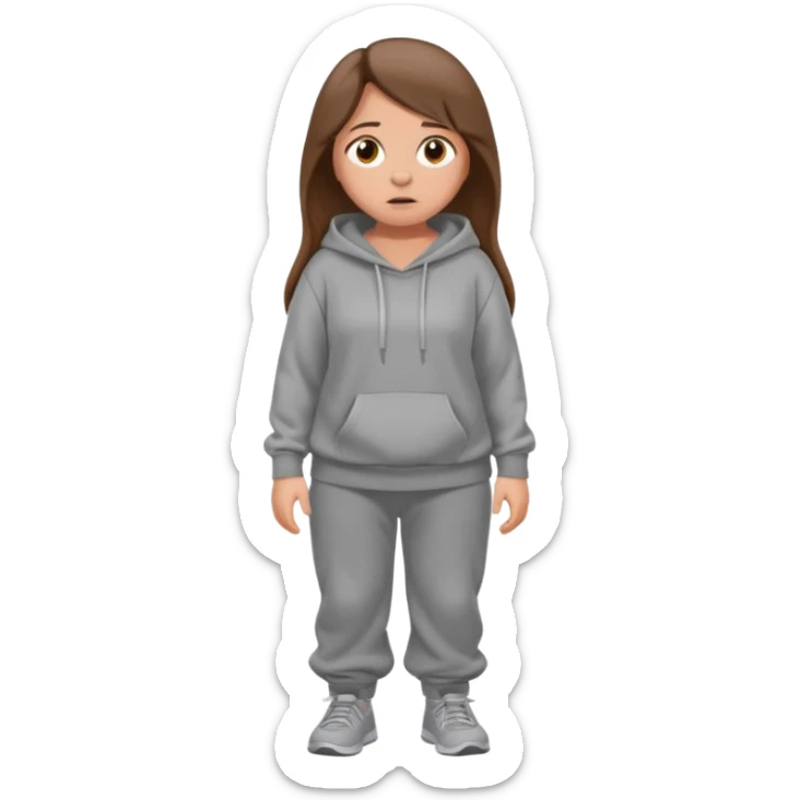 Chica grande  asustada de cuerpo completo mirado a la izquierda con pelo castaño largo y piel blanca  pantalones baggy  grises y hoodie gris  sticker