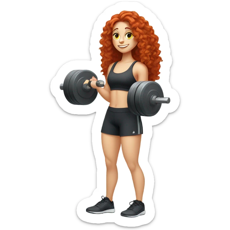 Sporty white Girl coach with long curly red hair doing exercice with weights sticker