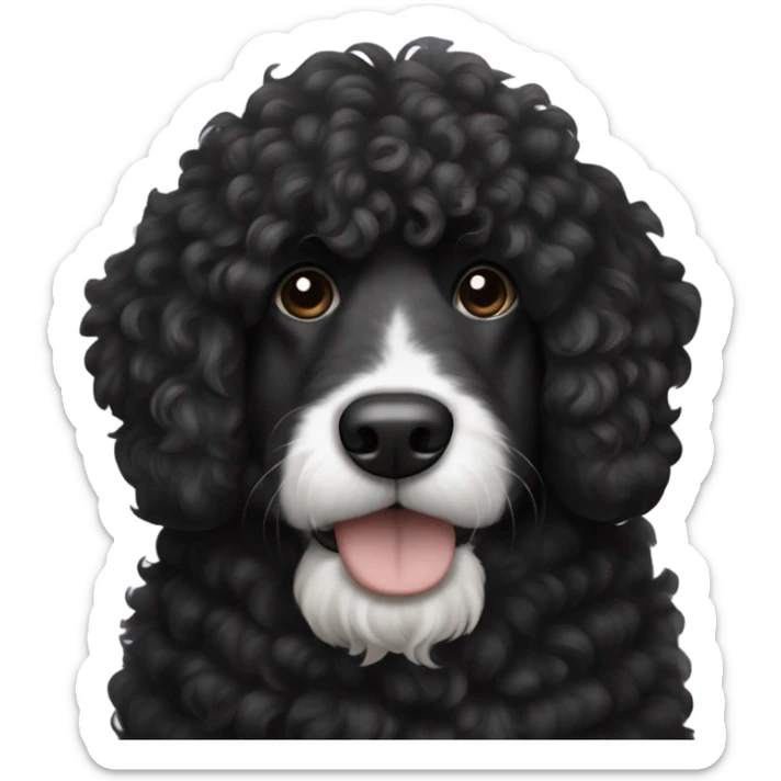 A big bernadoodle dog, curly hair all black. All black except for white on its neck. an all black face sticker