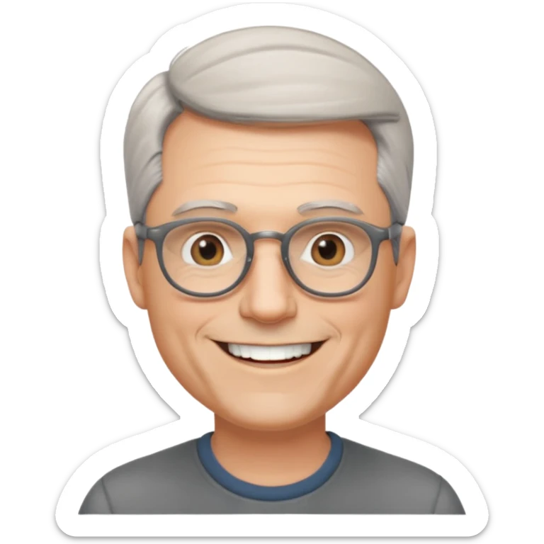 50 yr old pale white man, grey side swept hair, round glasses, big smile, white teeth, handsome sticker