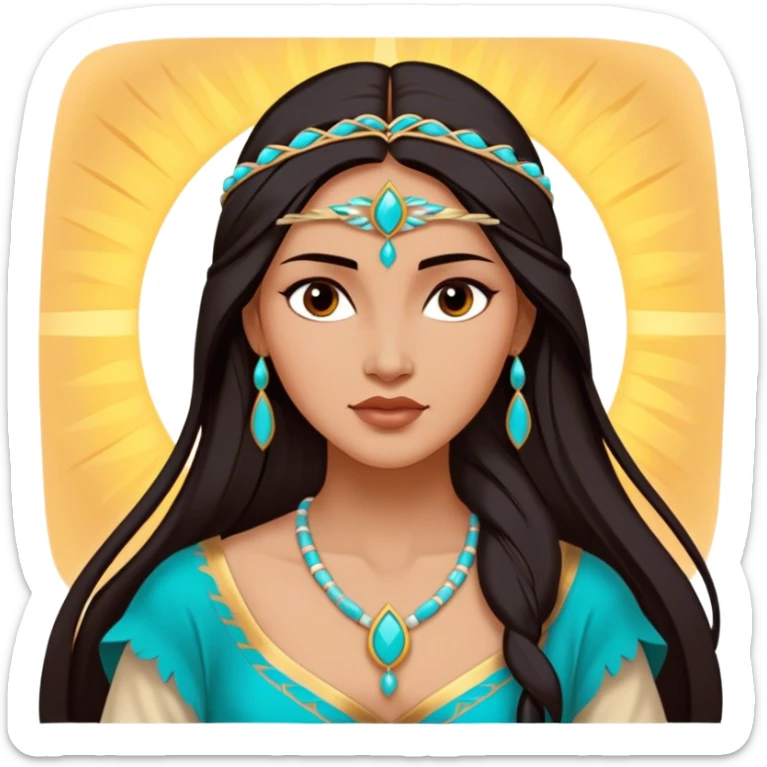Cinematic Majestic Pocahontas Portrait Emoji, rendered in a clean, vector-style with bold shapes. Show Pocahontas with a serene, noble expression, radiant sun-kissed skin, and elegantly flowing dark hair, dressed in traditional garments with subtle turquoise accents. The design radiates a majestic, natural glow, high shine, and a soft glowing outline, capturing her regal beauty. sticker