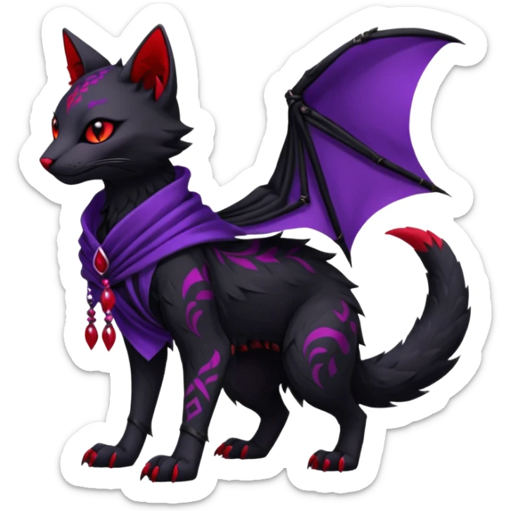 Kawaii feral, four-legged gothic dark badass black, red, purple, beautiful pretty elegant divine edgy feline-vernid-sergal-Trico-fursona-animal-creature, full body, with intricate detailed markings, silken shawl sticker