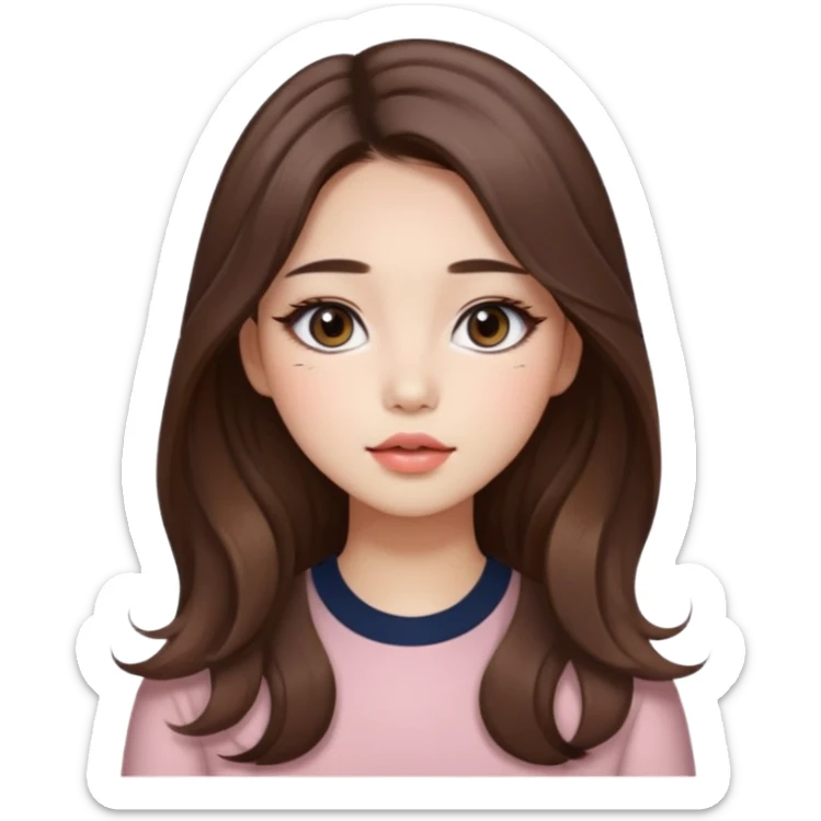 “korean straight brown hair Emoji girl, soft eyeliner and blush, gradient lips, light brown shimmer eyeshadow, long wavy hair,  sticker
