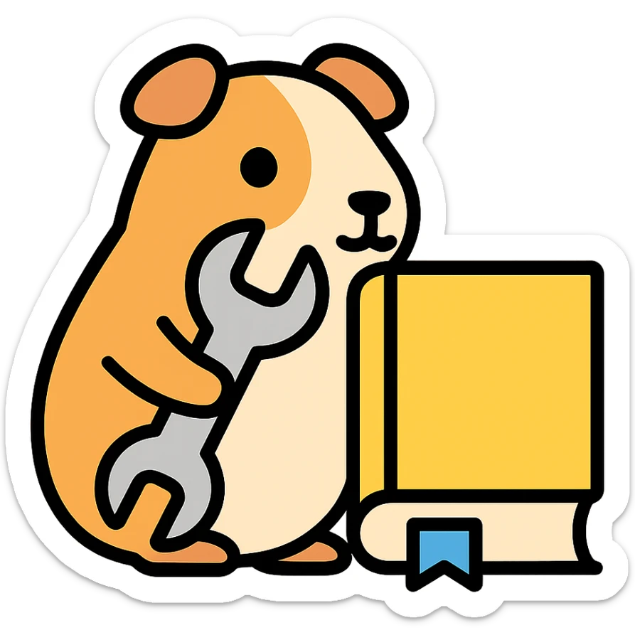 guinea pig (cavia) holding a wrench, fixing a book, color outline icon sticker