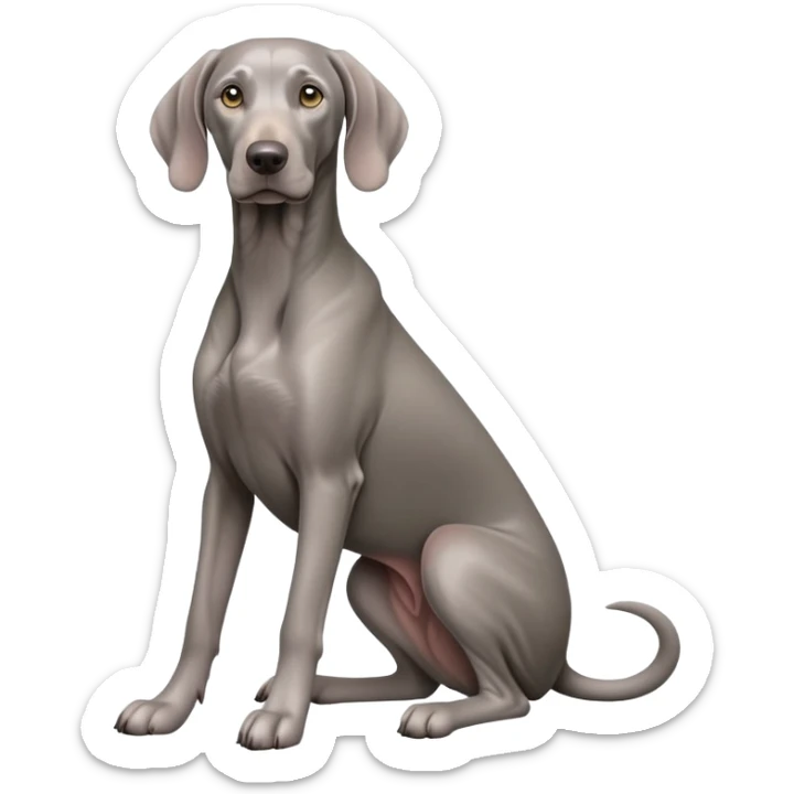 cinematic-[weimaraner-realistic-full-body-sitting-emoji,-tail-resting-loosely-beside-its-paws,-head-tilted-dramatically, -sleek-[grey]-fur,-simplified-yet-realistic-focused-features,-highly-detailed,-glowing-with-an-almost-sarcastic-glow sticker