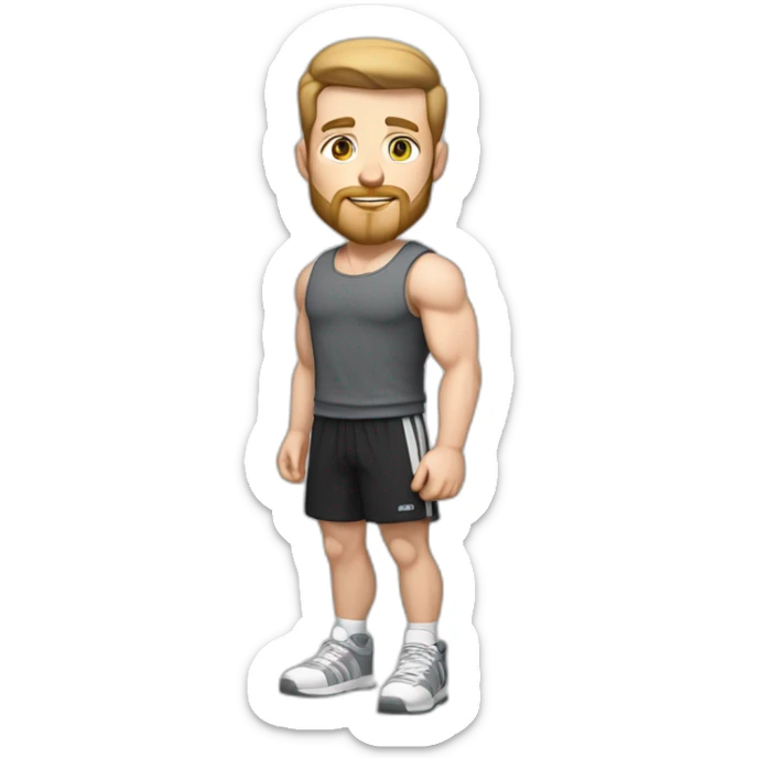 Full height Pale skinned fit man With biceps, light brown hair and very short beard In dark gray sleeveless mike, black oversize sports shorts, watch and white sneakers. sticker