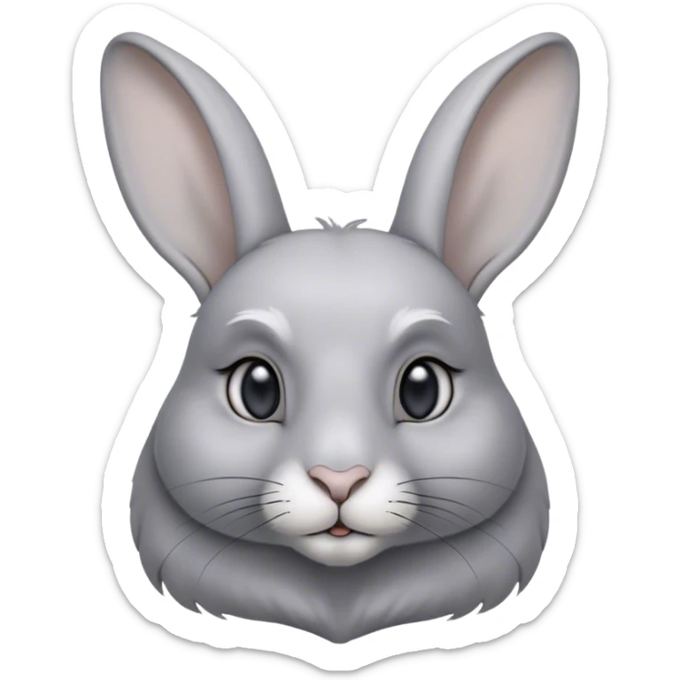 Cinematic Noble Grey Rabbit Portrait Emoji, Poised and regal, with a compact, graceful build and a smooth, elegant grey fur, long, delicate ears and deep-set soulful grey eyes, Simplified yet sharp and sophisticated features, highly detailed, glowing with a soft, dignified glow, high shine, intelligent and serene, stylized with an air of refined subtlety, focused and attentive, soft glowing outline, capturing the essence of a watchful and confident companion, so majestic it feels as though it could hop out of the screen with effortless authority! sticker
