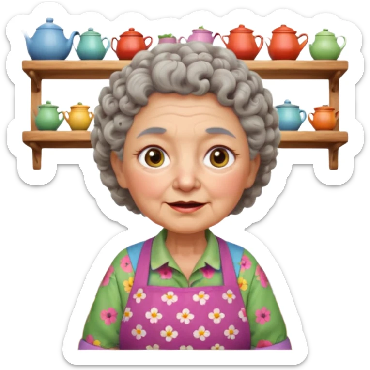 cartoon Apple iOS emoji style rural elderly woman, chubby face, short gray curly hair, flowery blouse, colorful apron, big expressive eyes, pastel colors, Chilean wooden kitchen background, clay pots, warm light, detailed and clean vector art sticker