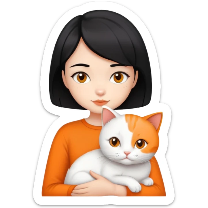 a girl with short black hair holding a white and orange cat sticker