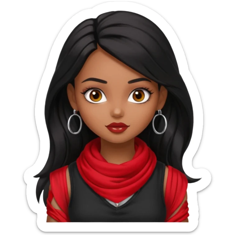 a pretty bratz dusky girl with long black hair, kajal under eyes, small silver hoop. black tank top on. Red scarf around neck sticker