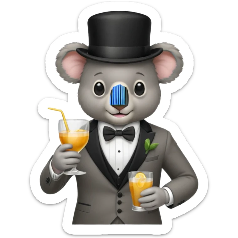 koala wearing suit, bowtie and top hat, holding a glass of drink sticker