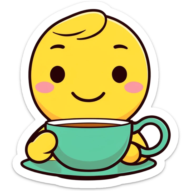 cartoon style emoji of a smiling face sipping tea from a cup sticker