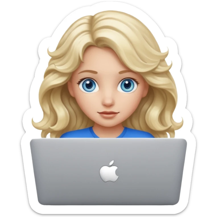 blond girl, blue eyes, hair wavy, , behind her silver colored laptop from apple sticker