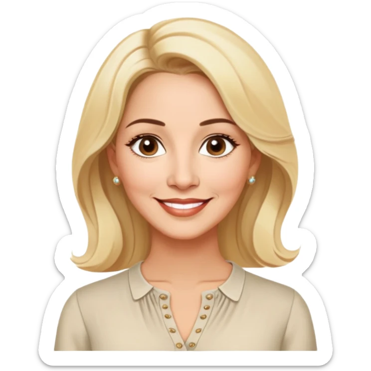 Warm-hearted Linette Torres, Puerto Rican actress in her 50s with light skin, extremely loving expression, bright gentle eyes, sweet welcoming smile, elegant blonde hair, wearing a simple relaxed blouse sticker