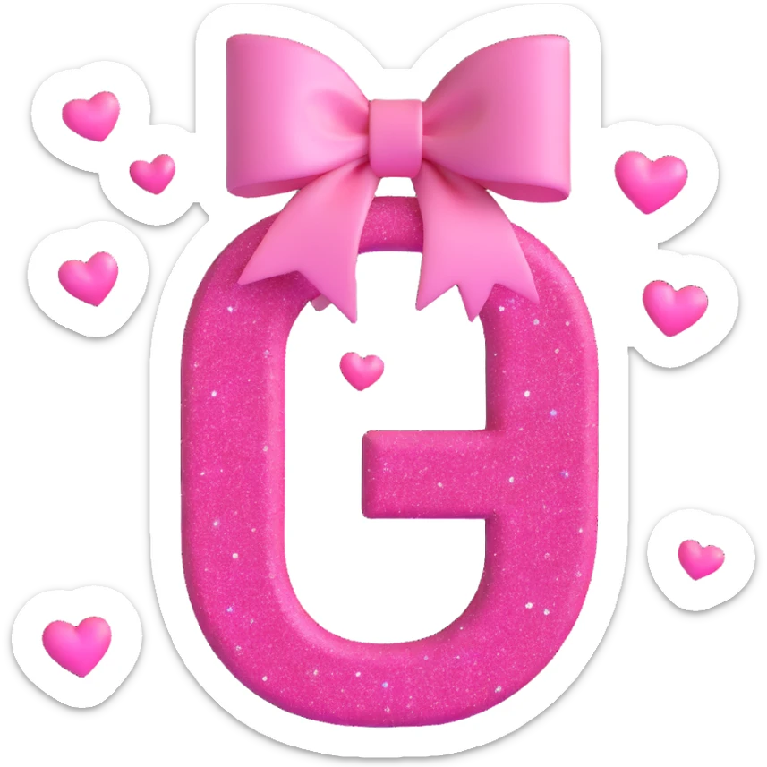 dark pink letter G with a light pink bow and floating glittery pink hearts sticker