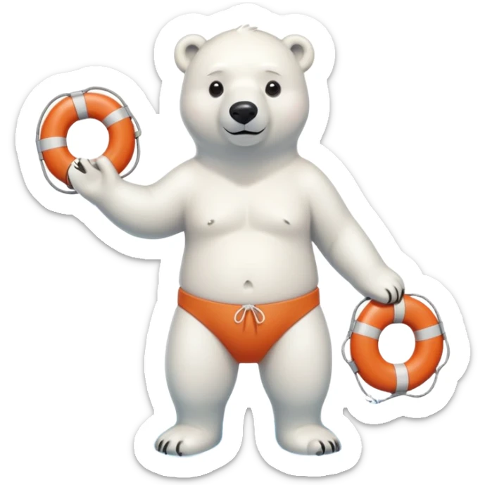 full body friendly anthropomorphised polar bear wearing swim shorts, life buoy around waist, swim goggles, standing with water pooled around feet sticker