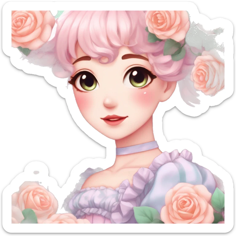 Gorgeous pastel anime style lady with blushing face and roses cottagecore fairycore pastelcore shiny colorful pearly aesthetic trending style sticker