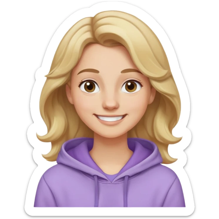 Mujer caucasian, cara redonda, cejas suaves, pelo ondulado castaño claro con puntas rubias, raya al lado. Sonrisa amplia, expresión feliz. Hoodie lila claro puesta sticker