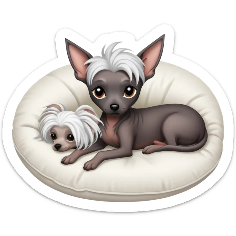 one black hairless chinese crested dog laying down on a white pillow curled up peacefully sticker