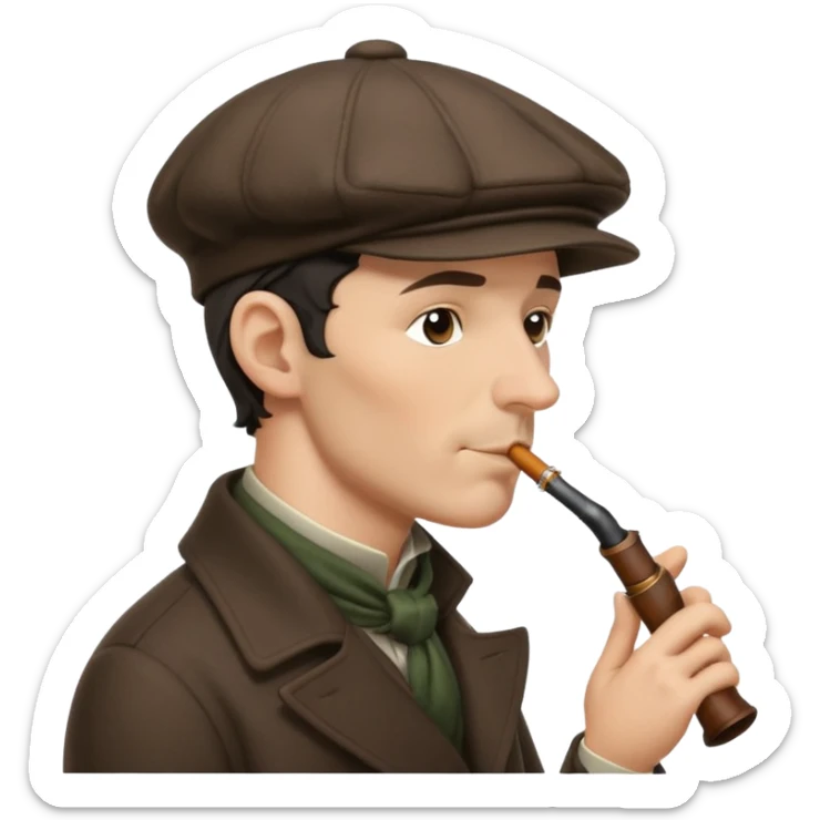 A side view of Sherlock Holmes wearing a deerstalker hat and smoking a pipe sticker