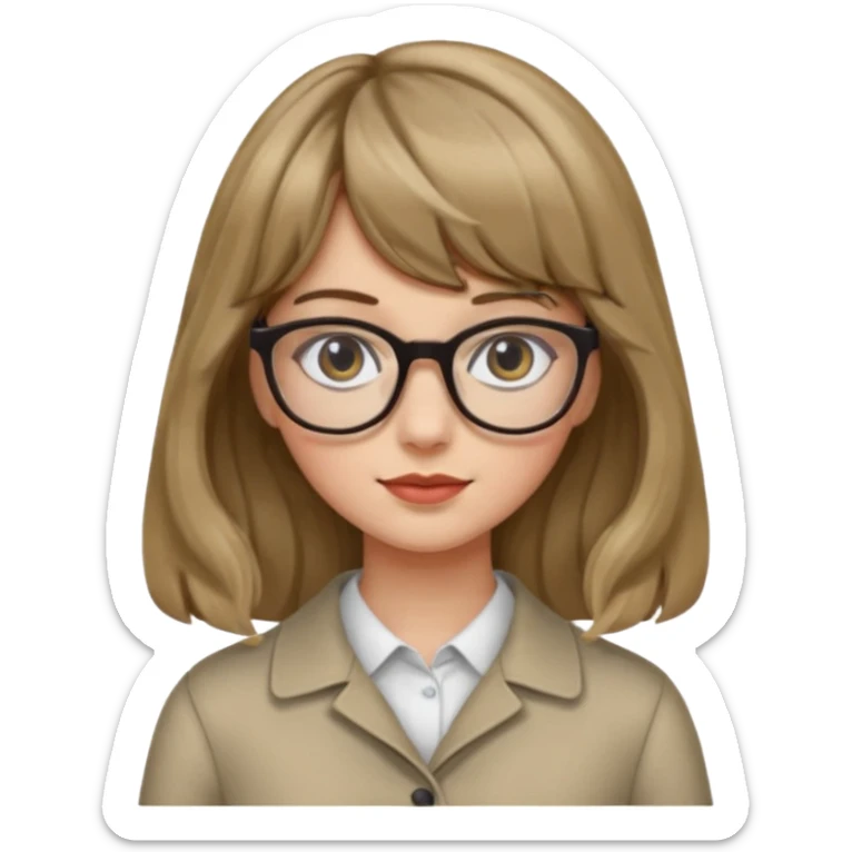Uma garota de cabelo ondulado loiro escuro,mas com franja lisa e olhos pretos,usa óculos e a cor de pele branca,e o cabelo na cintura sticker