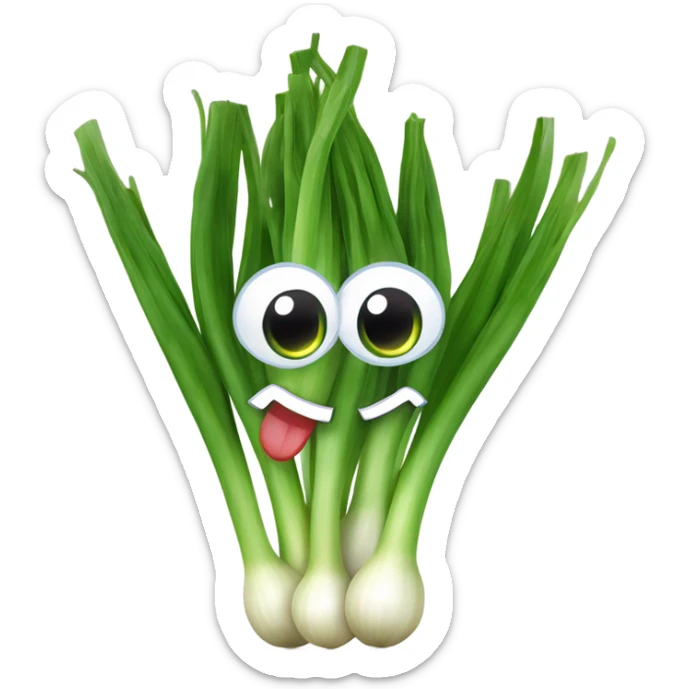 Cheerful green onion with big expressive eyes, a wide smile, and a few green stalks on top. Designed in a cute, cartoonish style with vibrant colors. sticker