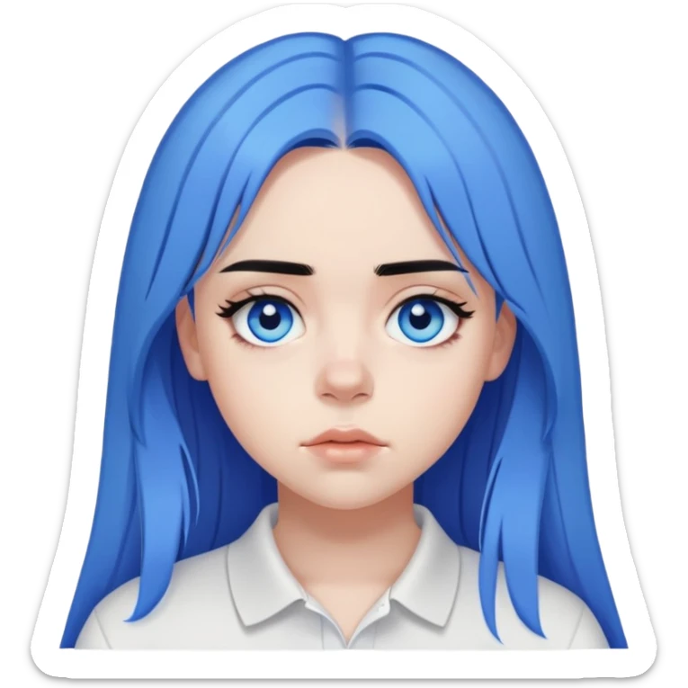 billie eilish long black hair blue eyes dark eyeliner makeup, wearing white polo shirt sticker
