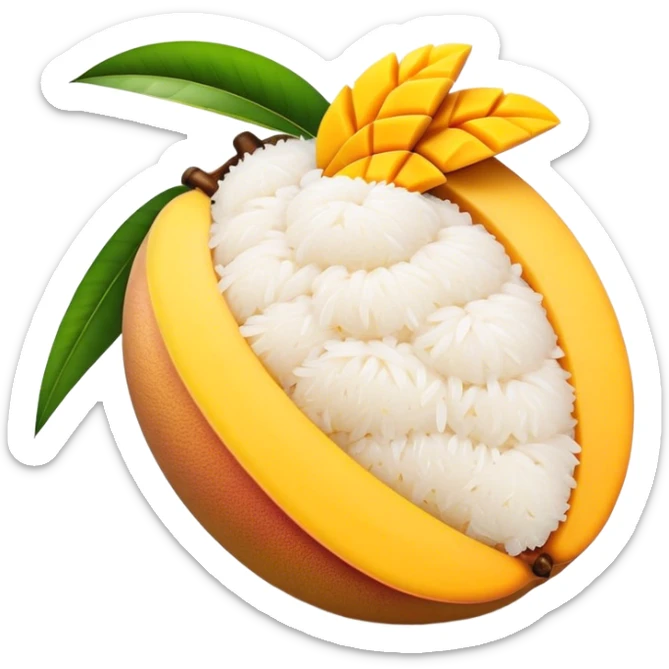 Cinematic Realistic Mango Sticky Rice Dessert Emoji, showcasing sweet sticky rice paired with ripe mango slices and coconut milk rendered with lifelike detail and warm, inviting lighting. sticker