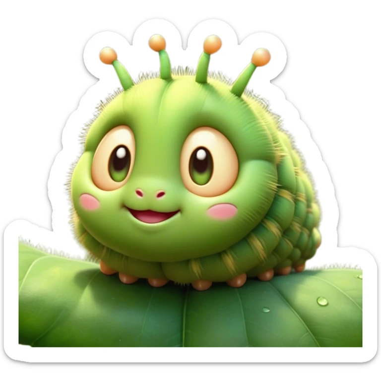 Cinematic Cute Caterpillar Portrait Emoji, Head tilted playfully and inquisitively, featuring a small, fuzzy body with rounded, plump segments, soft, endearing eyes and a charmingly wiggly movement, Simplified yet irresistibly adorable features, highly detailed, glowing with a warm, inviting green glow, high shine, affectionate and lively, stylized with a touch of whimsical woodland charm, soft glowing outline, capturing the essence of a mischievous caterpillar that seems as if it could crawl out of the screen into your arms! sticker
