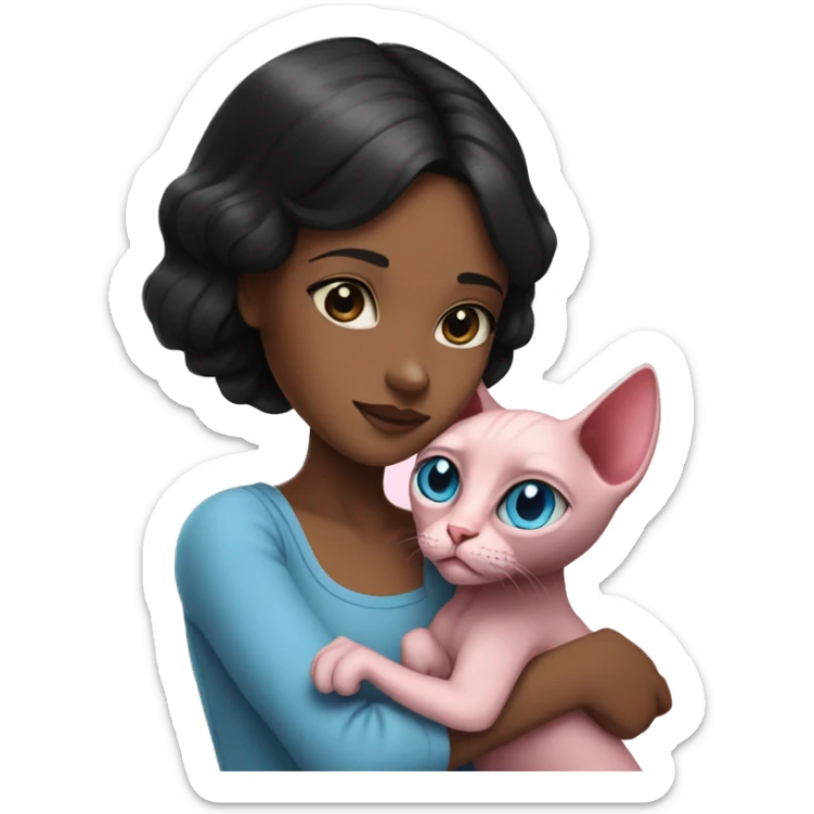 A girl with black hair hugs a pink sphinx cat with blue eyes  sticker