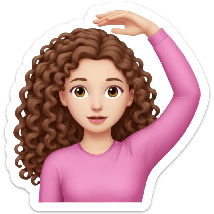 pale white girl with long brown curly hair stretching pink sticker
