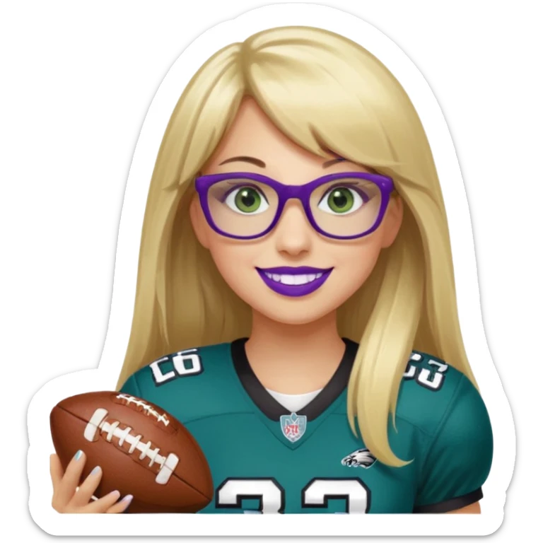long blonde hair with straight bangs, black rectangle glasses, female, green eyes wearing eagles uniform jersey number 33 holding football smiling purple lipstick sticker