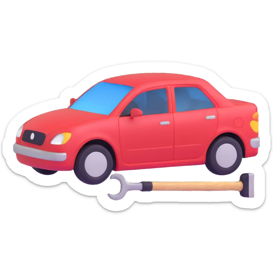 icon of a car with a visible dent from a crash and dent repair tools like a lever and small hammer sticker