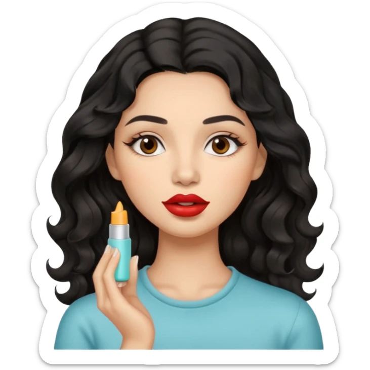 A gorgeous with black wavy hair women applying lipbalm on her brown lips sticker