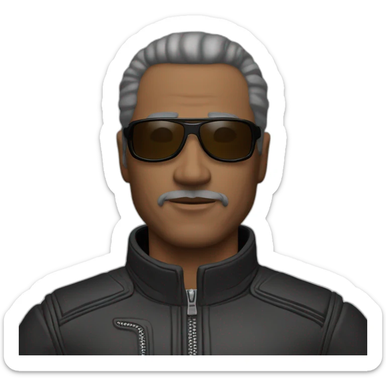 56 year old man, balled, brown eyes, black motorcycle suit, sunglasses on forehead sticker