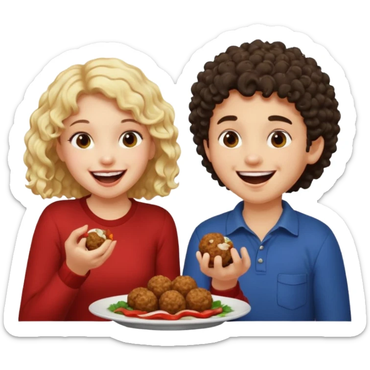 Ragazza bionda leggermente riccia che ride ad un ragazzo con i capelli ricci scuri mentre mangia polpette sticker