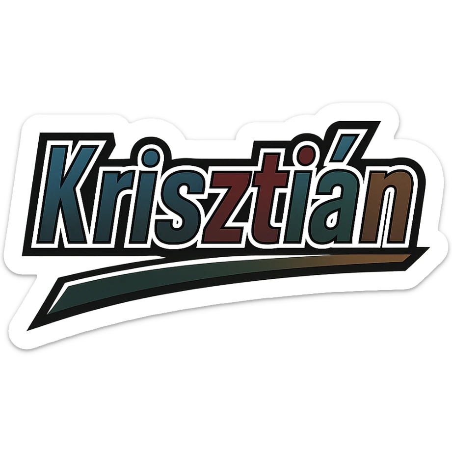 Text design of the name 'Krisztián' in a masculine, modern gradient font with precise Hungarian characters, dark contour, extra thick, prominent white border as in the uploaded sample, dynamic slanted underline, masculine color shades including blue, gray, burgundy, green, and brown, 1000x1000 px, PNG, transparent background. sticker