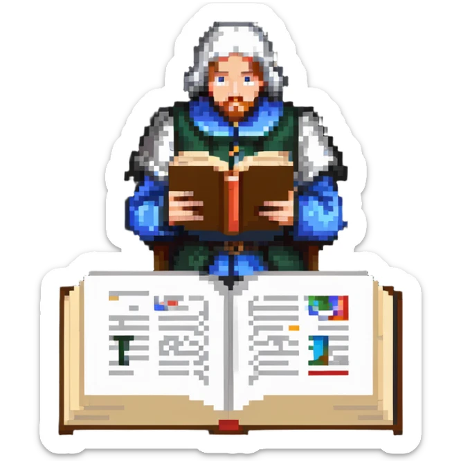 person reading the Canterbury Tales and drinking tea, Geoffrey Chaucer standing behind sticker