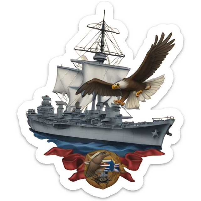 A traditional American tattoo of an flying eagle with a world war 2 battleship  sticker