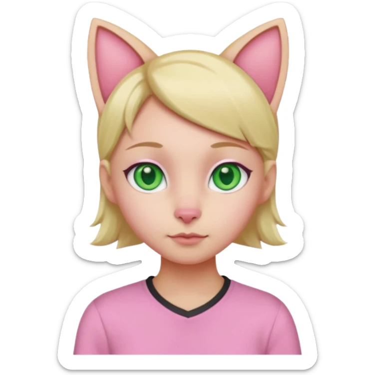 Squareded Ears Pink Skin Green Eyes Cat Shaped Pupils Heart Shaped Forehead Blonde Haired Pink Shirt  sticker