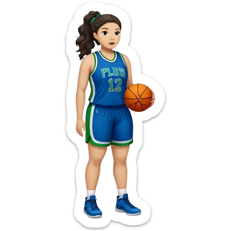 full body plus size light skin  latino women basketball player with wavy dark hair in pony tail wide nose wearing blue uniform with green accent sticker