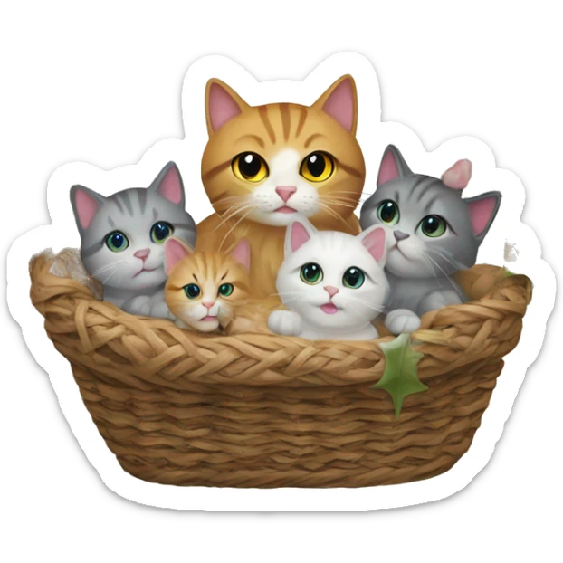 Cat Christmas nativity scene mother cat and 5 kittens in a basket sticker